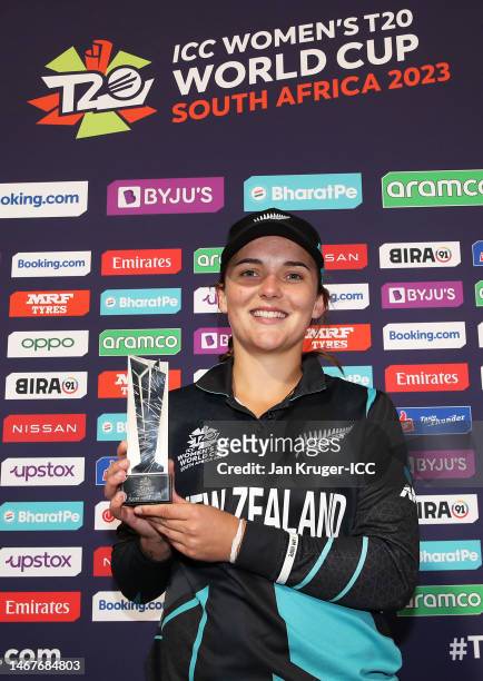 Amelia Kerr of New Zealand poses after being named Player of the Match following the ICC Women's T20 World Cup group A match between New Zealand and...