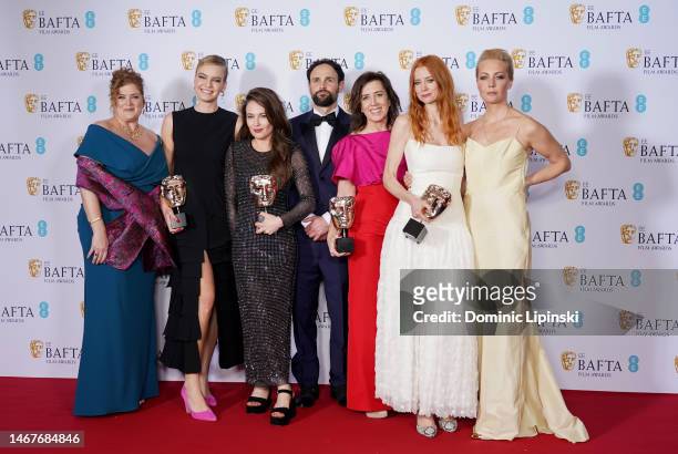 Melanie Miller , Shane Boris , Diane Becker and Odessa Rae pose with the Documentary Award for 'Navalny' during the 2023 EE BAFTA Film Awards, held...