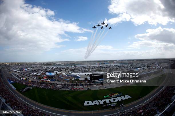 The U.S. Air Force Thunderbirds perform a flyover prior to the NASCAR Cup Series 65th Annual Daytona 500 at Daytona International Speedway on...