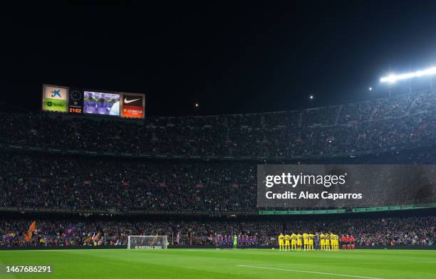 General view of the inside of the stadium as players of FC Barcelona and Cadiz CF observe a minute of silence for the victims of the earthquakes in...