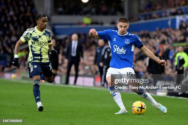 Vitalii Mykolenko of Everton during the Premier League match between Everton and Leeds United at Goodison Park on February 18, 2023 in Liverpool,...
