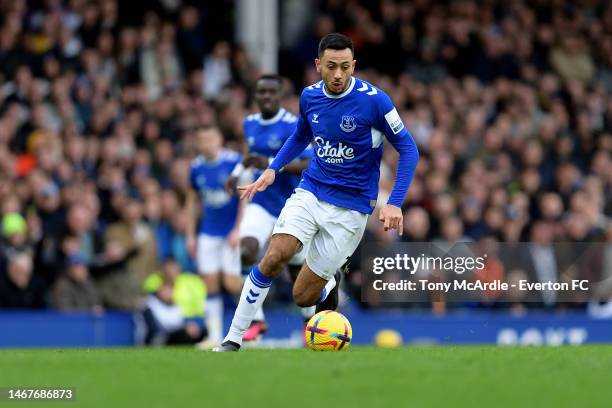 Dwight McNeil of Everton during the Premier League match between Everton and Leeds United at Goodison Park on February 18, 2023 in Liverpool, England.