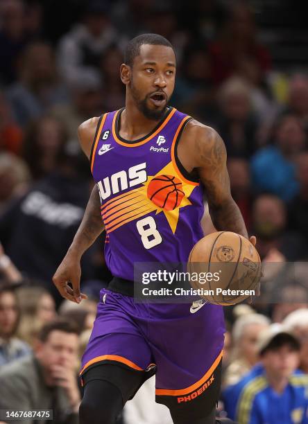 Terrence Ross of the Phoenix Suns handles the ball during the first half of the NBA game at Footprint Center on February 16, 2023 in Phoenix,...