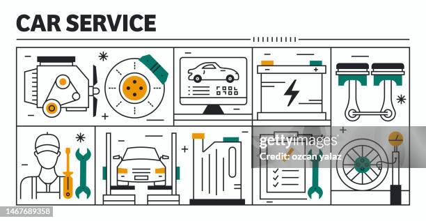 car service vector design. the design is editable and the color can be changed. vector set of creativity icons: diagnostic , disc brake , battery , piston , tire , air bag - paint colliding stock illustrations