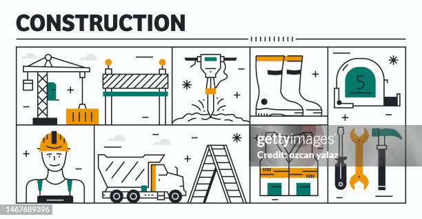 construction vector design. the design is editable and the color can be changed. vector set of creativity icons: architecture , blueprint , cement mixer , jackhammer , crane building - carpenter home stock illustrations