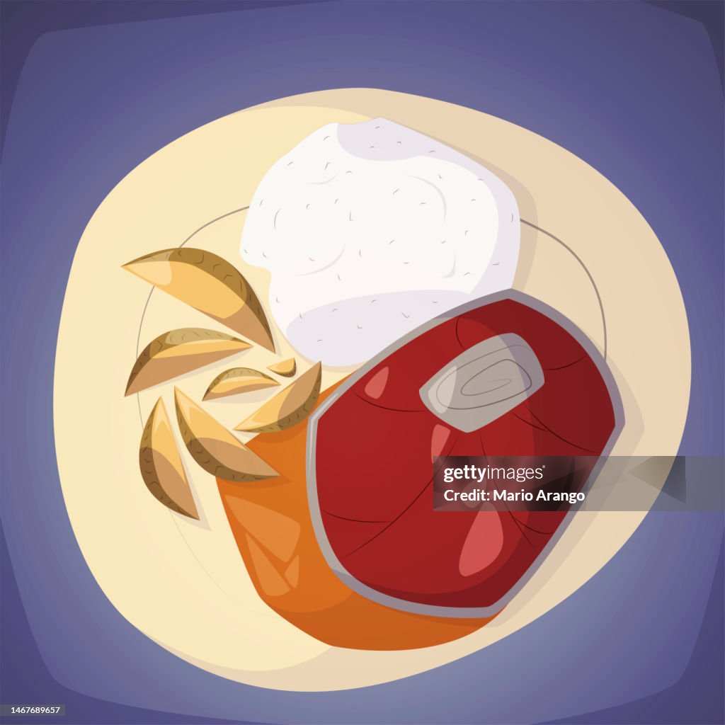 Illustration of meat dish with french fries and some rice ready to eat