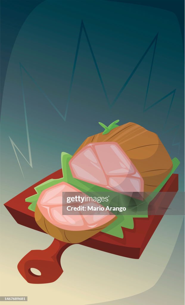 Illustration of wooden board with piece of meat ready to eat