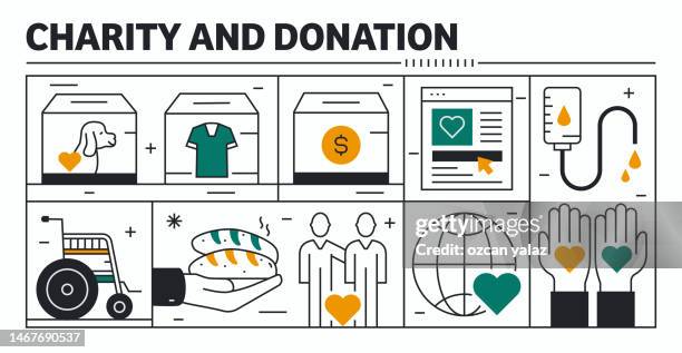 charity and donation vector design. the design is editable and the color can be changed. vector set of creativity icons:  volunteer , donation , charity , medical aid , donate , online donation - sponsorship banner stock illustrations