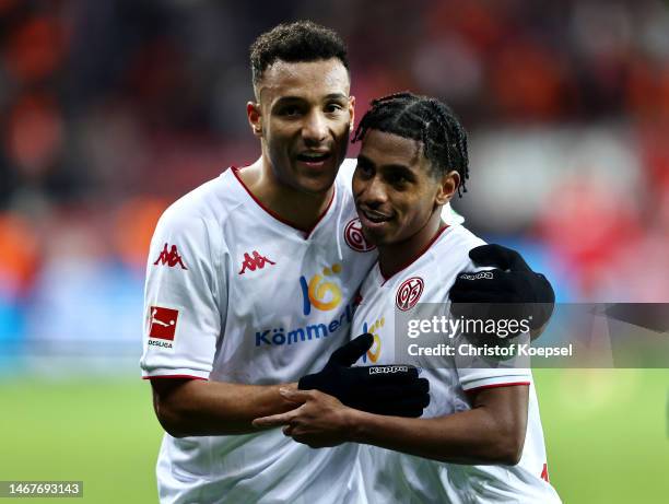 Karim Onisiwo and Leandro Barreiro of 1.FSV Mainz 05 celebrate after the Bundesliga match between Bayer 04 Leverkusen and 1. FSV Mainz 05 at BayArena...