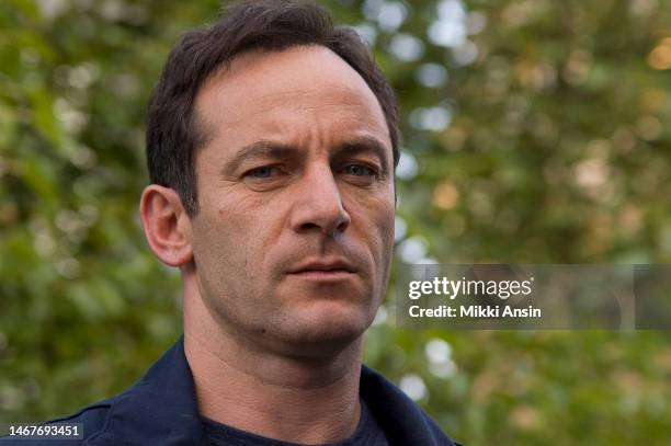 Close-up of English actor Jason Isaacs during the filming of an episode of the cable television series 'Brotherhood,' Providence, Rhode Island,...
