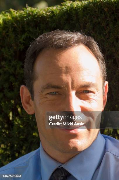 Close-up of English actor Jason Isaacs during the filming of an episode of the cable television series 'Brotherhood,' Providence, Rhode Island,...