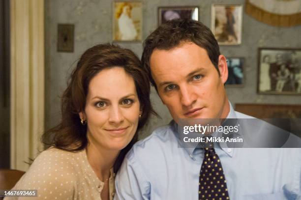 Portrait of actors Annabeth Gish and Jason Clarke during the filming of an episode of the cable television series 'Brotherhood,' Providence, Rhode...