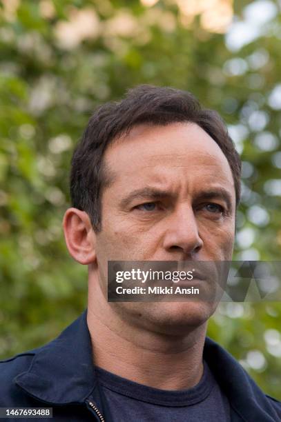 Close-up of English actor Jason Isaacs during the filming of an episode of the cable television series 'Brotherhood,' Providence, Rhode Island,...