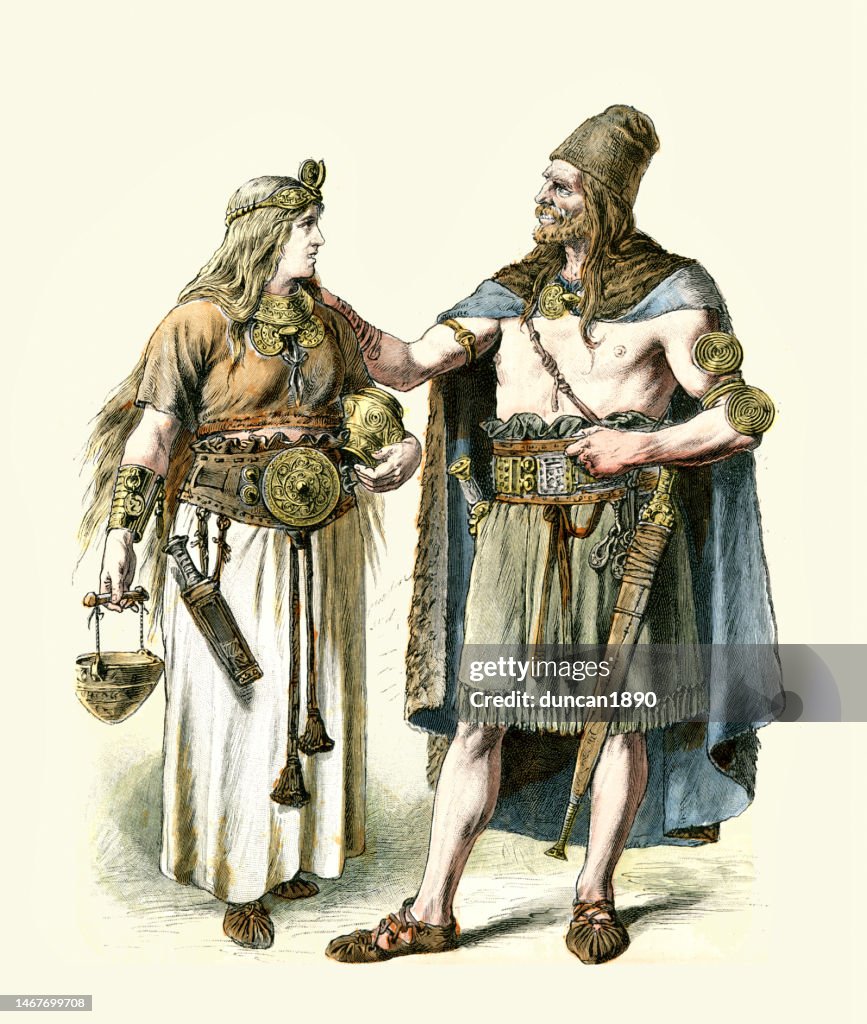 Fashion of Bronze age Germany, Woman and man, Skirt, Barechest, Sword, Belt, Ancient History