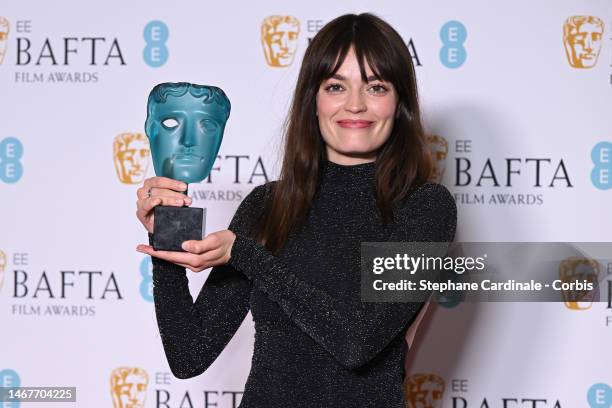 Emma Mackey poses with the EE Rising Star Award during the EE BAFTA Film Awards 2023 at The Royal Festival Hall on February 19, 2023 in London,...