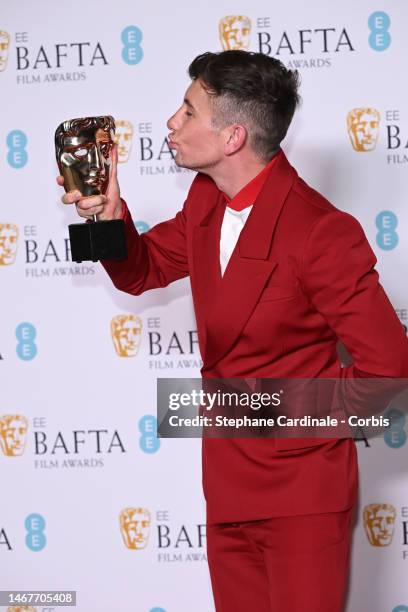 Barry Keoghan, winner of Best Supporting Actor for "The Banshees of Inisherin", during the EE BAFTA Film Awards 2023 at The Royal Festival Hall on...