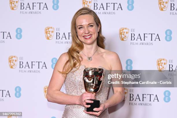 Kerry Condon poses with the award for Supporting Actress during the EE BAFTA Film Awards 2023 at The Royal Festival Hall on February 19, 2023 in...