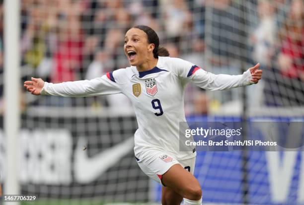 Mallory Swanson of the United States scores a goal and celebrates during the SheBelieves Cup game between Japan and USWNT at GEODIS Park on February...