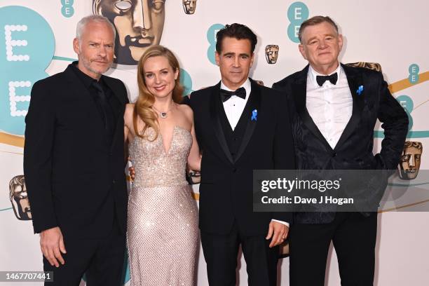 Martin McDonagh, Kerry Condon, Colin Farrell and Brendan Gleeson attend the EE BAFTA Film Awards 2023 at The Royal Festival Hall on February 19, 2023...