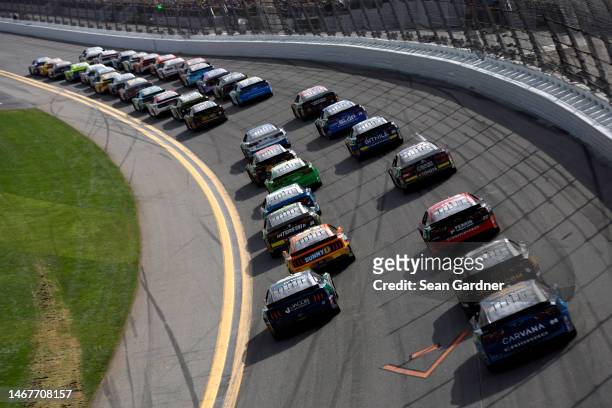 General view of racing during the NASCAR Cup Series 65th Annual Daytona 500 at Daytona International Speedway on February 19, 2023 in Daytona Beach,...