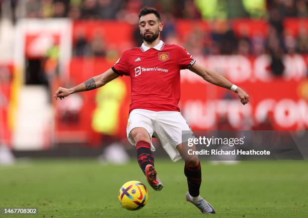 Bruno Fernandes of Manchester United during the Premier League match between Manchester United and Leicester City at Old Trafford on February 19,...