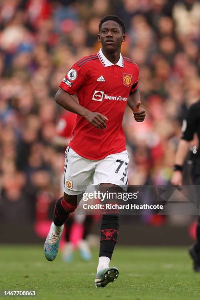 Kobbie Mainoo of Manchester United during the Premier League match between Manchester United and Leicester City at Old Trafford on February 19, 2023...