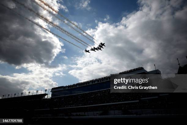 The U.S. Air Force Thunderbirds perform a flyover prior to the NASCAR Cup Series 65th Annual Daytona 500 at Daytona International Speedway on...