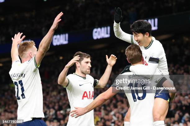 Son Heung-Min of Tottenham Hotspur celebrates with teammates after scoring his side's second goal during the Premier League match between Tottenham...