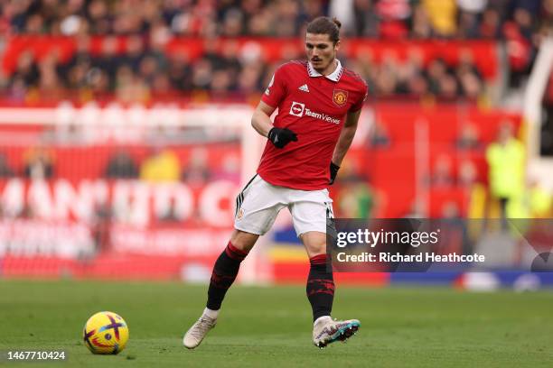 Marcel Sabitzer of Manchester United during the Premier League match between Manchester United and Leicester City at Old Trafford on February 19,...