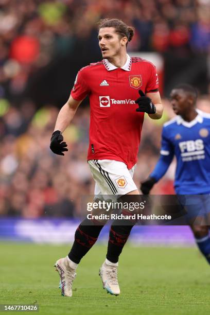 Marcel Sabitzer of Manchester United during the Premier League match between Manchester United and Leicester City at Old Trafford on February 19,...
