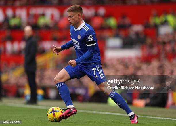 Harvey Barnes of Leicester during the Premier League match between Manchester United and Leicester City at Old Trafford on February 19, 2023 in...