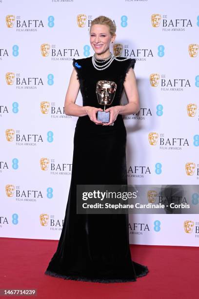 Cate Blanchett, winner of the Best Actress award for "Tar", poses in the Winners Room at the EE BAFTA Film Awards 2023 at The Royal Festival Hall on...