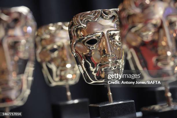 General view of the Bafta masks at the EE BAFTA Film Awards 2023 at The Royal Festival Hall on February 19, 2023 in London, England.