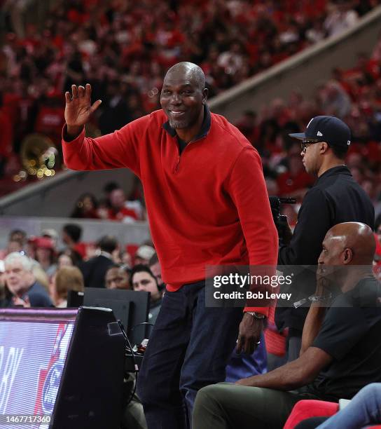 Hakeem Olajuwon waves to the crowd as the Houston Cougars played the Memphis Tigers at Fertitta Center on February 19, 2023 in Houston, Texas.