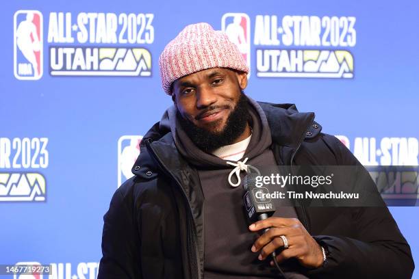 LeBron James of the Los Angeles Lakers speaks during a press conference prior to the 2023 NBA All Star Game between Team Giannis and Team LeBron at...