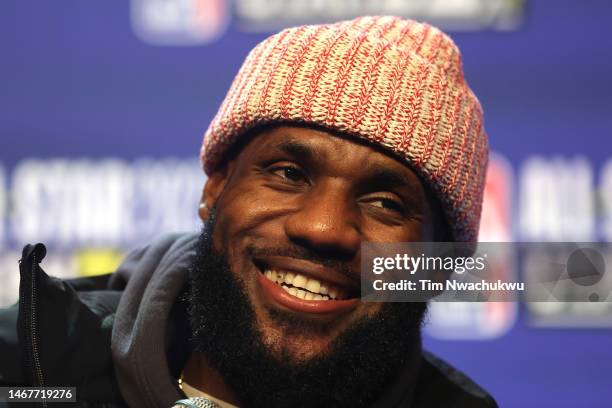 LeBron James of the Los Angeles Lakers speaks during a press conference prior to the 2023 NBA All Star Game between Team Giannis and Team LeBron at...