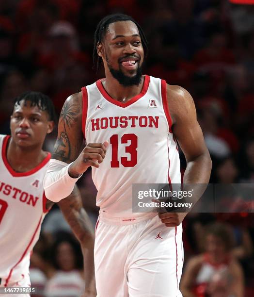 Wan Roberts of the Houston Cougars after making two free throws down the stretch against the Memphis Tigers at Fertitta Center on February 19, 2023...