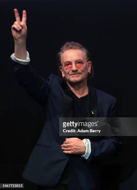 Bono from the band U2 attends the "Kiss The Future" documentary film premiere during the 73rd Berlinale International Film Festival Berlin at Verti...