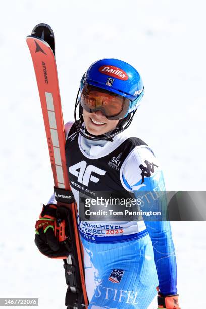 Silver medalist Mikaela Shiffrin of United States reacts after their second run of Women's Slalom at the FIS Alpine World Ski Championships on...