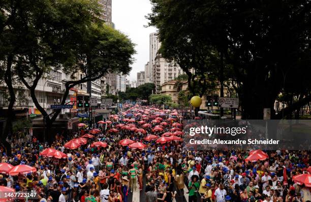 Revelers attend the annual street block party know as "Explode Coracao" on the third day of Carnival on February 19, 2023 in Sao Paulo, Brazil....