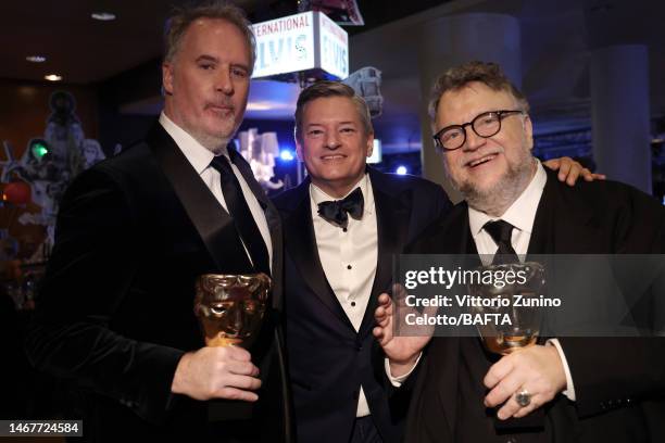 Producer Mark Gustafson, Chief Content Officer of Netflix, Ted Sarandos and Director Guillermo del Toro pose with the Best Animated Film award during...