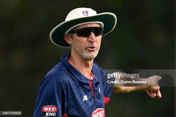 Jason Gillespie the coach of South Australia gives instructions during the Sheffield Shield match between Victoria and South Australia at CitiPower...