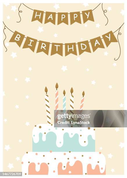 ilustraciones, imágenes clip art, dibujos animados e iconos de stock de tarjeta de felicitación de feliz cumpleaños. ilustración vectorial de pastel con velas. estilo dibujado a mano. - vela de cumpleaños