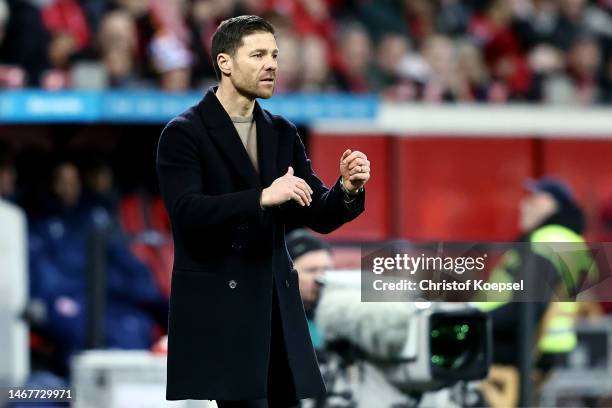 Head coach Xabi Alonso of Leverkusen reacts during the Bundesliga match between Bayer 04 Leverkusen and 1. FSV Mainz 05 at BayArena on February 19,...