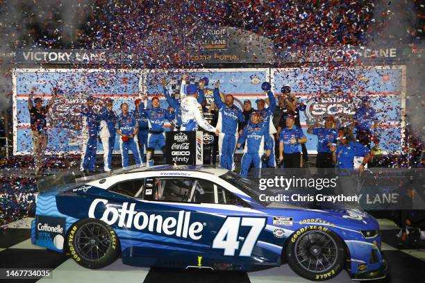 Ricky Stenhouse Jr., driver of the Kroger/Cottonelle Chevrolet, celebrates in victory lane after winning the NASCAR Cup Series 65th Annual Daytona...