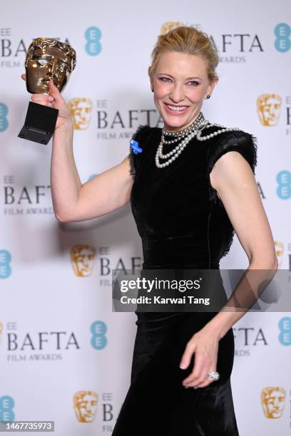 Cate Blanchett poses with the Leading Actress Award for her performance in 'Tár' during the 2023 EE BAFTA Film Awards 2023 at The Royal Festival Hall...