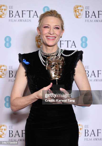 Cate Blanchett poses with the Leading Actress Award for her performance in 'Tár' during the 2023 EE BAFTA Film Awards 2023 at The Royal Festival Hall...