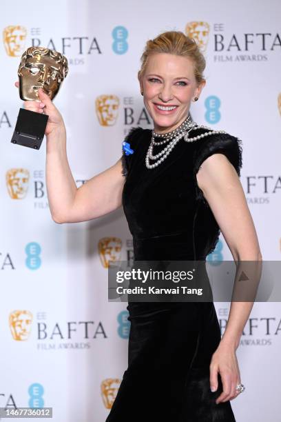 Cate Blanchett poses with the Leading Actress Award for her performance in 'Tár' during the 2023 EE BAFTA Film Awards 2023 at The Royal Festival Hall...