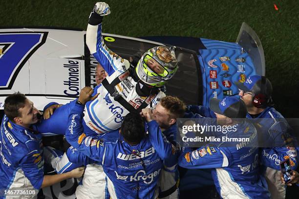 Ricky Stenhouse Jr., driver of the Kroger/Cottonelle Chevrolet, celebrates with his crew after winning the NASCAR Cup Series 65th Annual Daytona 500...