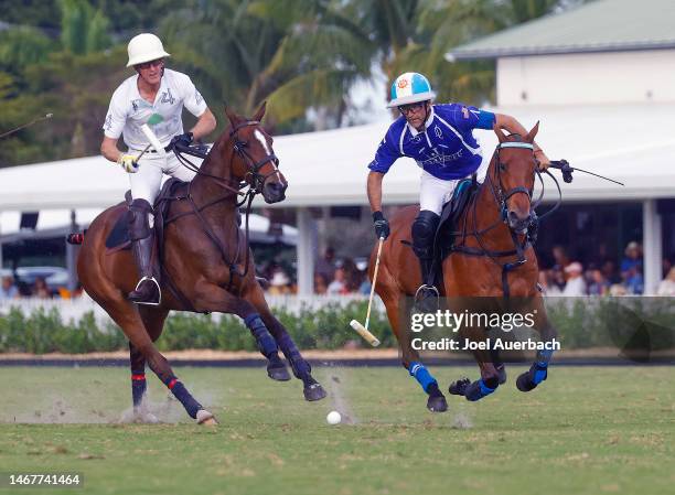 XAdolfo Cambiaso of Valiente scores a goal past Stewart Armstrong of Aspen during the .C.V. Whitney Cup on February 19, 2023 at the National Polo...